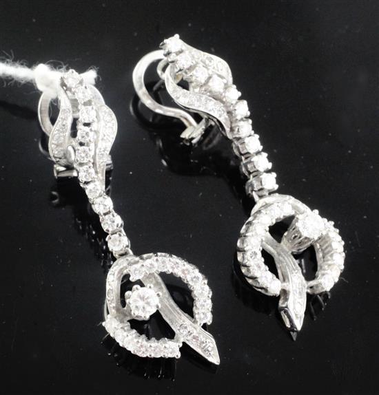 A pair of 1970s 18ct white gold and diamond set drop earrings, 41mm.